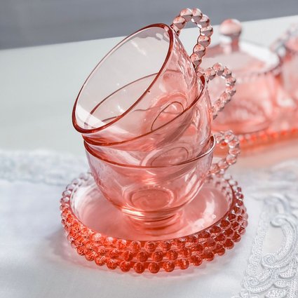 Set 4 Crystal Tea Cups with Saucer Heart Pearl Pink 180ml